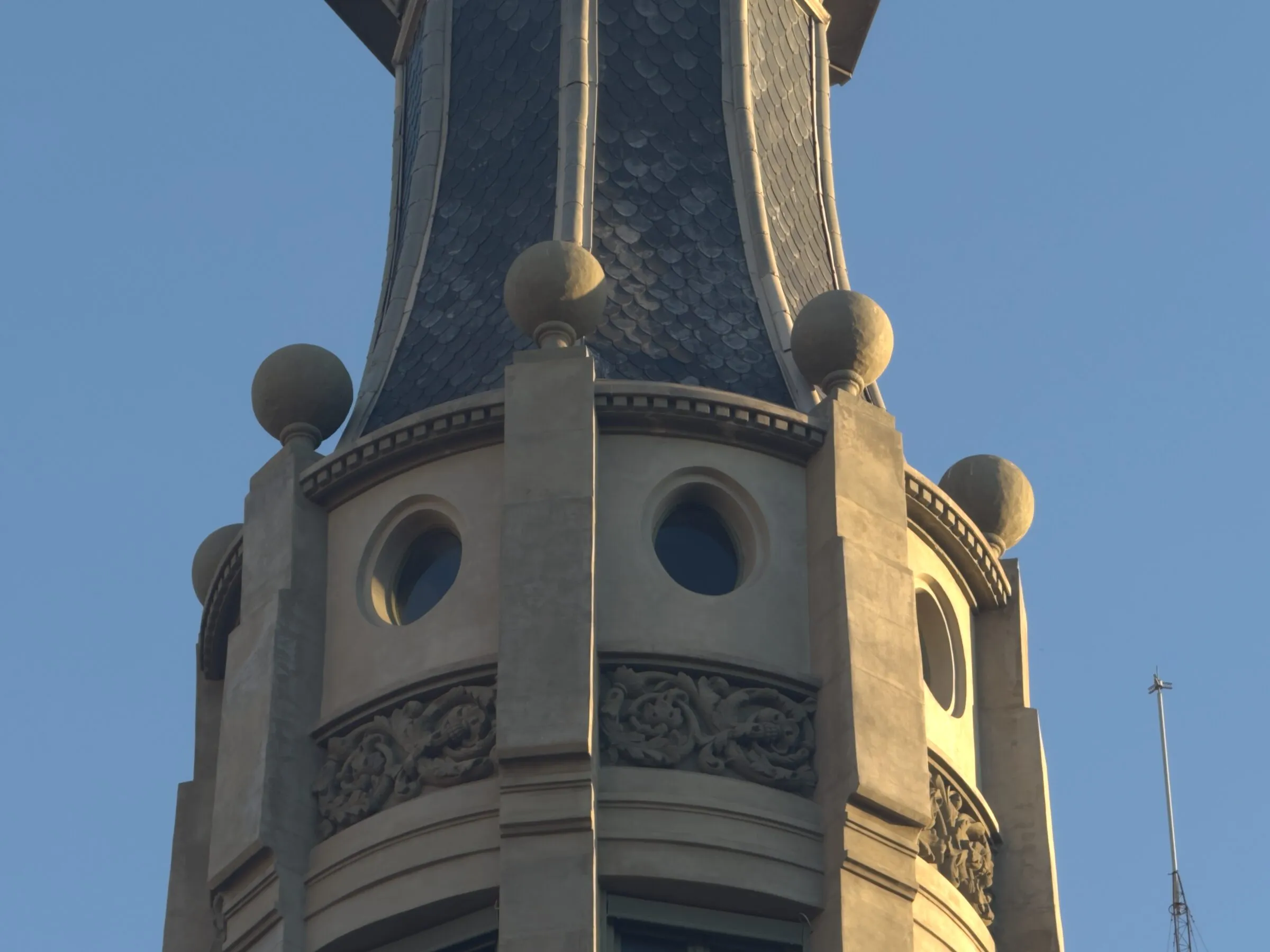 A mosaic tower and gold dome at the Hospital de Sant Pau, Barcelona