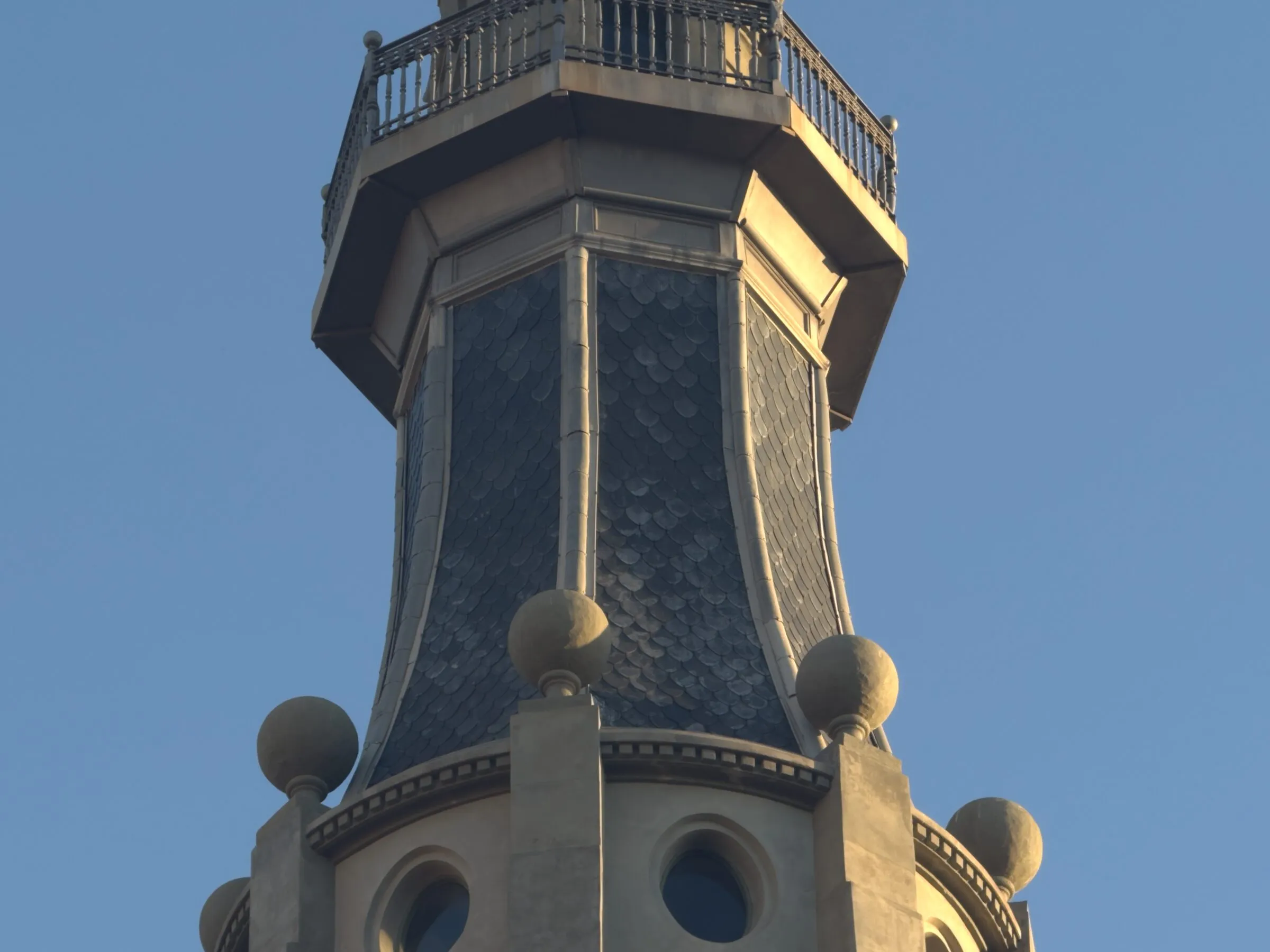 A mosaic tower and gold dome at the Hospital de Sant Pau, Barcelona