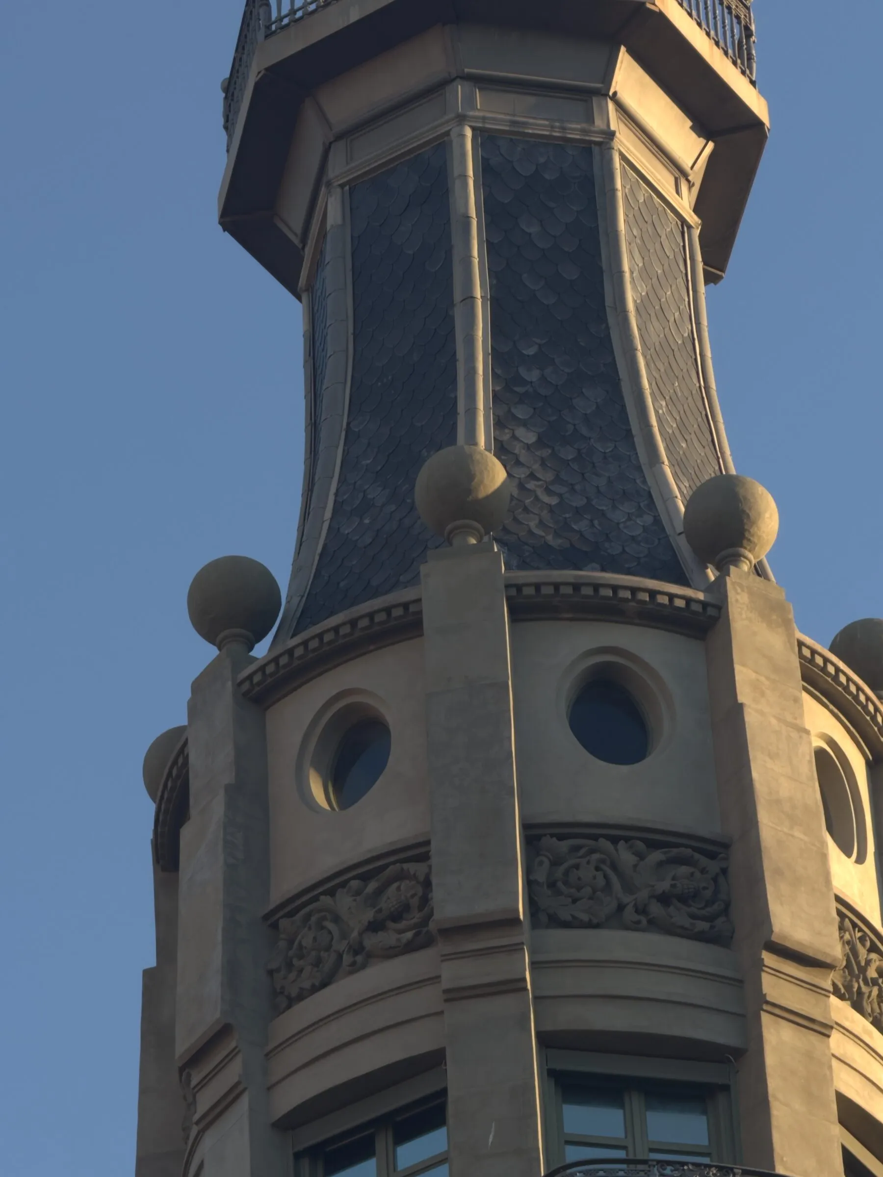 A mosaic tower and gold dome at the Hospital de Sant Pau, Barcelona