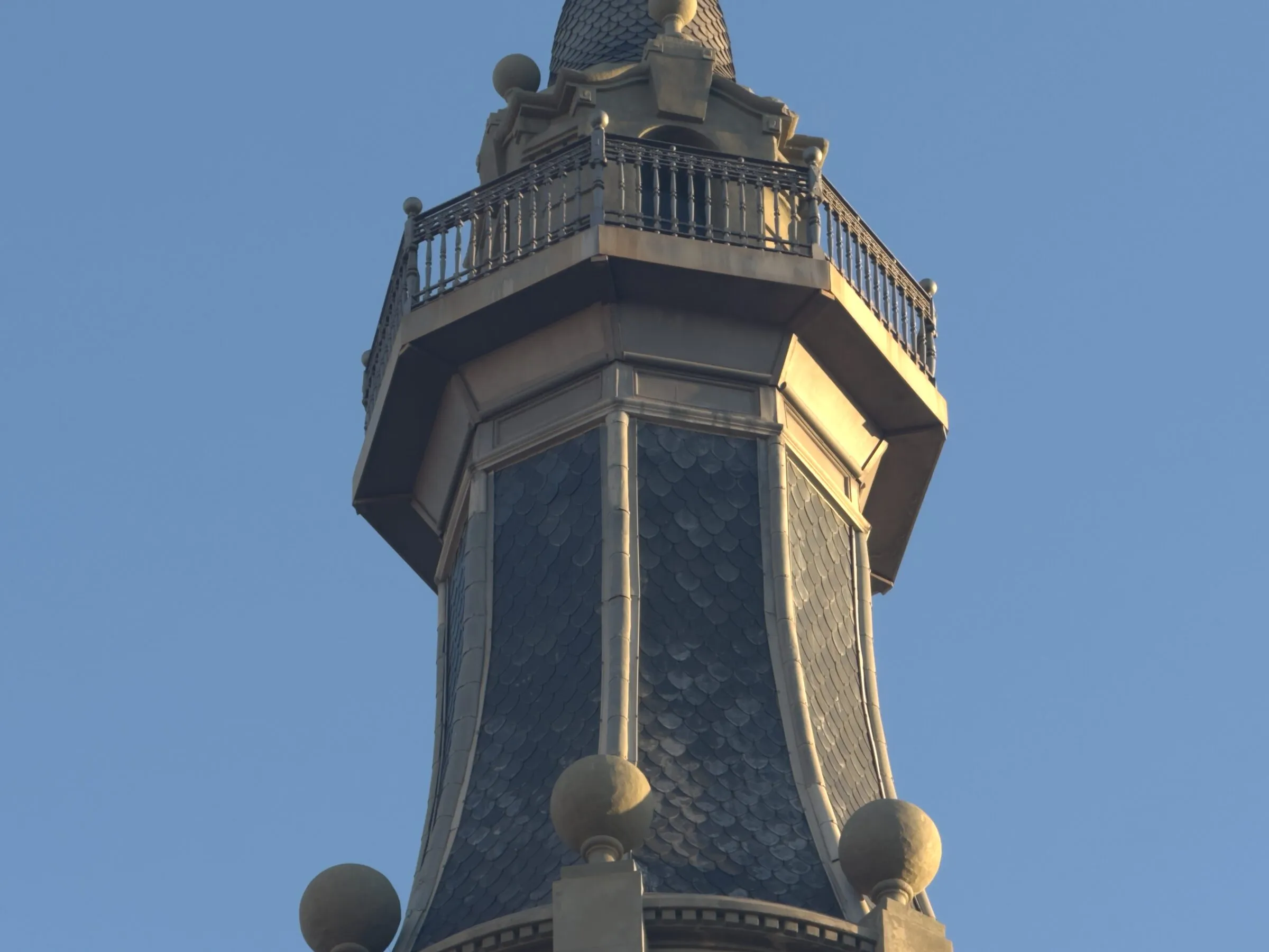 A mosaic tower and gold dome at the Hospital de Sant Pau, Barcelona