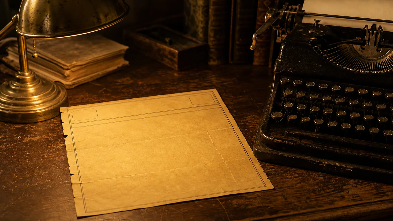 A vintage yellow telegram on textured paper beside an old manual typewriter under a brass desk lamp.