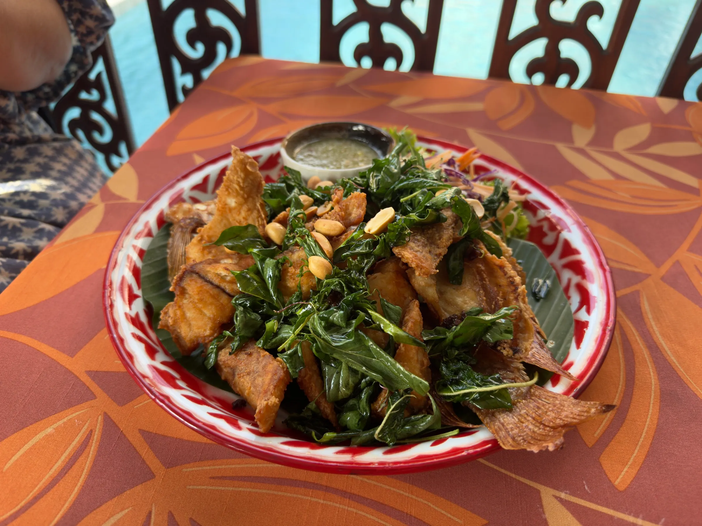 A plate of fried greens and herbs with meat on a red patterned table.