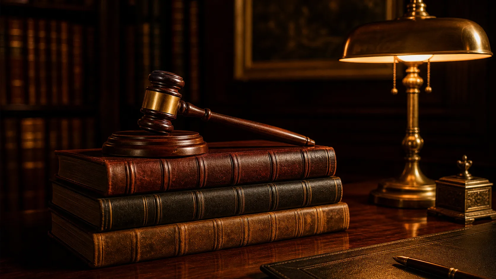 A wooden judge's gavel resting on a stack of leather-bound legal volumes under warm desk-lamp light.